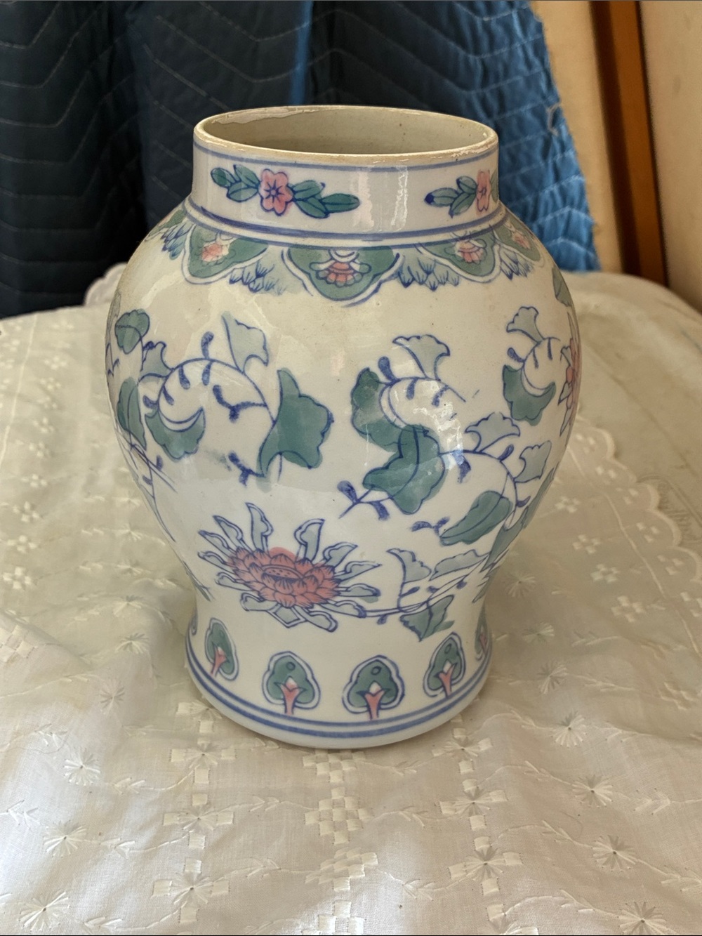 Ceramic Floral Vase in White, Green & Pink